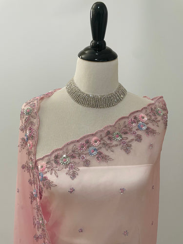 Handmade Premium Organza Saree | Onion Pink | Hand Embroidery | Ships from California
